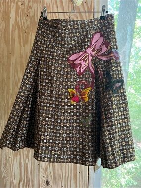 Brown A-Line Skirt with Pink & Yellow Embroidered Accents